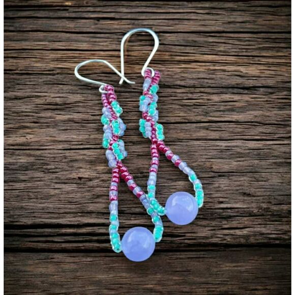 Dyed Jade Gemstone Spiral Beaded Dangle Earrings, Boho Chic Artisan Statement 3" - Picture 1 of 6